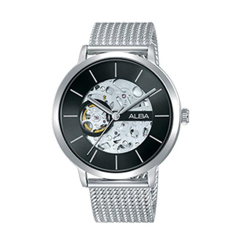 Alba Mens A8A001X1 Jam Tangan Pria A8A001 Black Silver Stainless Steel
