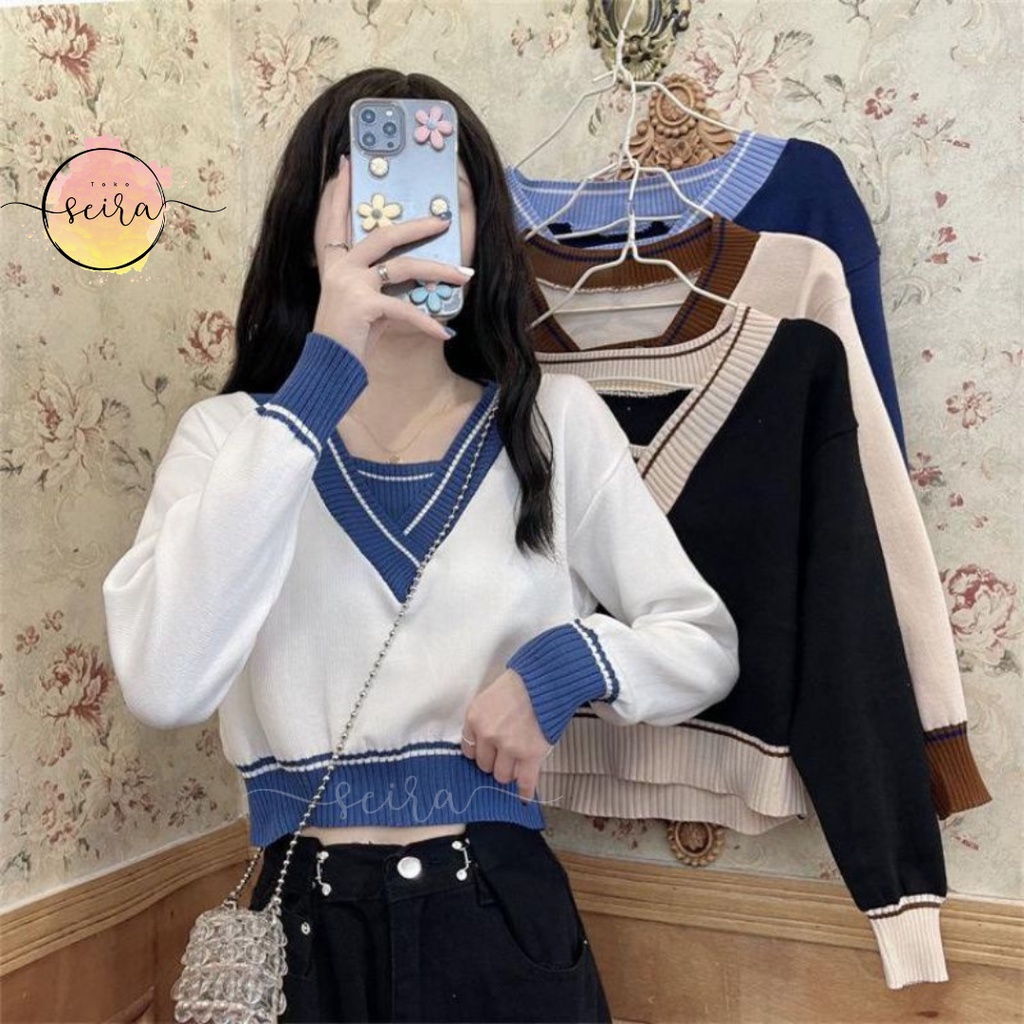 [BISA COD] Luna Sweater Crop Top Knit Rajut / Rajut Style Korea / Atasan Crop Wanita / Outer Crop Top