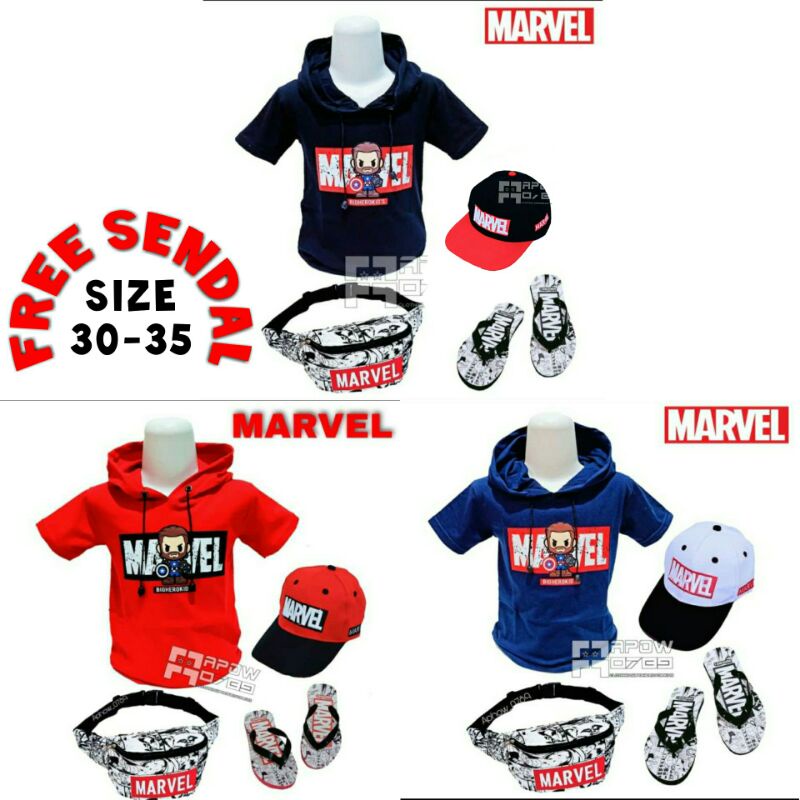 paket 4IN1 baju kaos anak laki laki tas selempang anak topi anak laki laki FREE sendal marvel waistbag anak usia 1-10 tahun