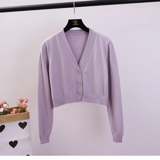 Bailey / Bianca Crop Cardi - Kardigan  Rajut Kombinasi Kancing-Lilac