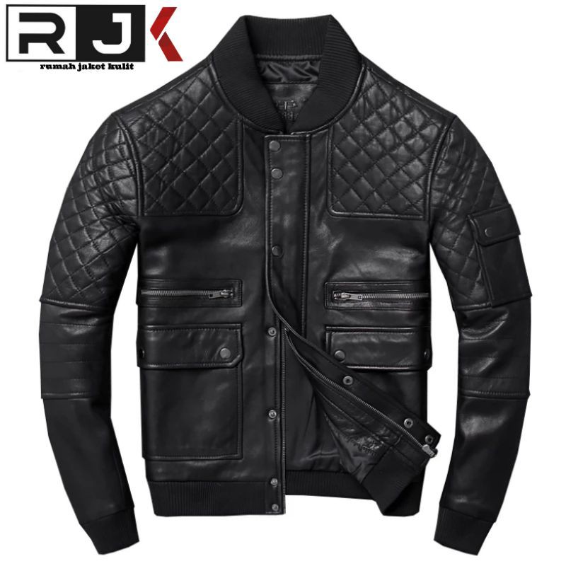 JAKET KULIT ASLI | JAKET KULIT PRIA | JAKET KULIT COWOK | JAKET KULIT BOMBER PRIA WARNA HITAM CORAK