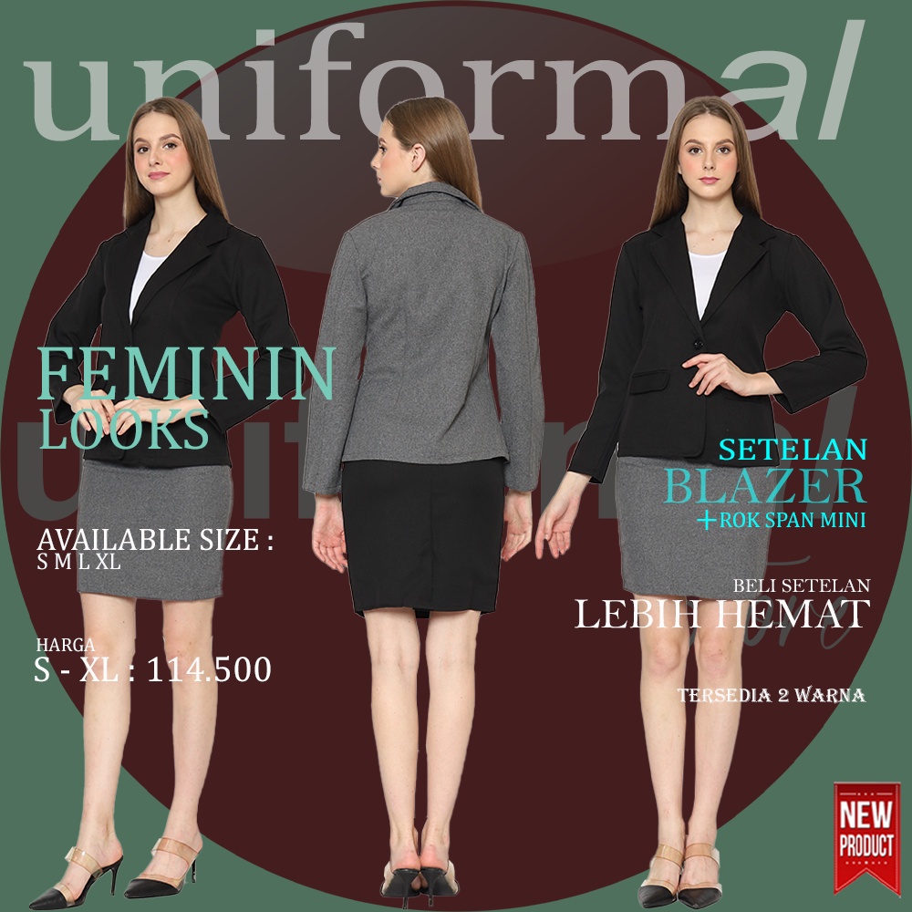 Setelan Blazer Formal Dan Rok Mini 3/4 Hitam Dan Abu Blezer Wanita Satu One Set Bahan Gabardine