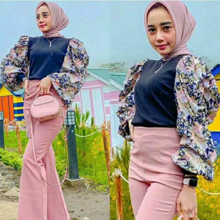 Carnation Realpict Baju blouse puff rajut lengan balon wanita import baju atasan blouse rajut cewek