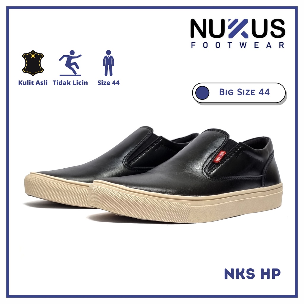 Nukus Sepatu Sneakers Slip On Pria Big Size Kulit Sapi Asli Jumbo Hitam Putih Size 44 - NKS C