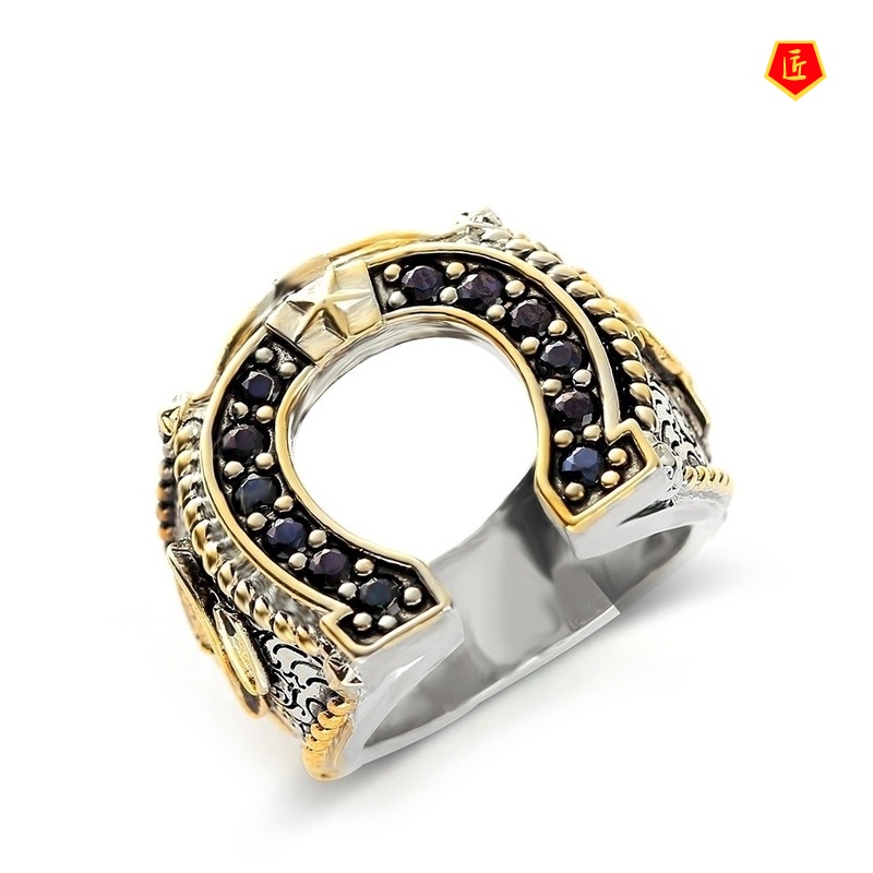 [Ready Stock]Men's Horseshoe Diamond Ring Gold Two-Color