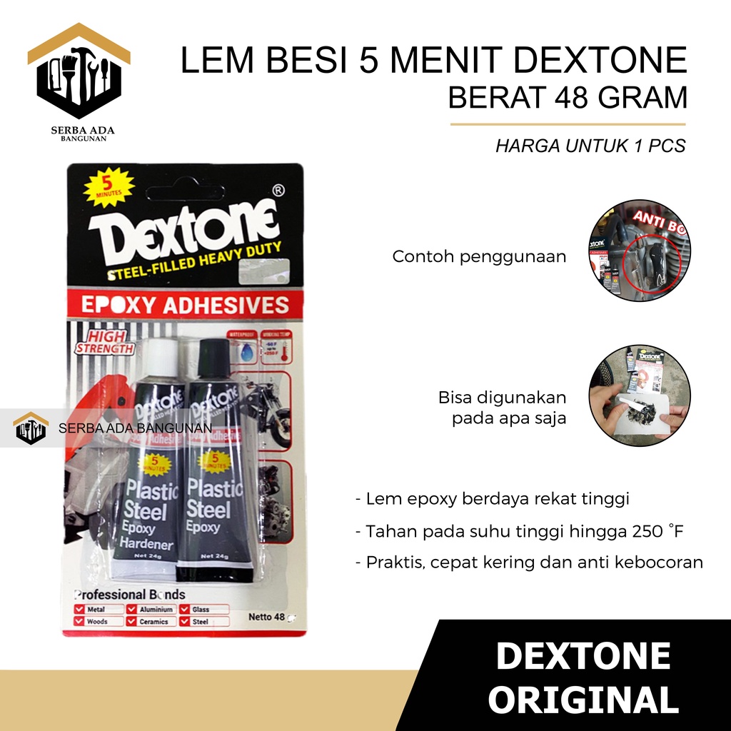 Dextone Lem Besi Epoxy Plastic Steel 5 menit 48 gram - Lem Perekat Besi Baja Kayu Plastik Keramik