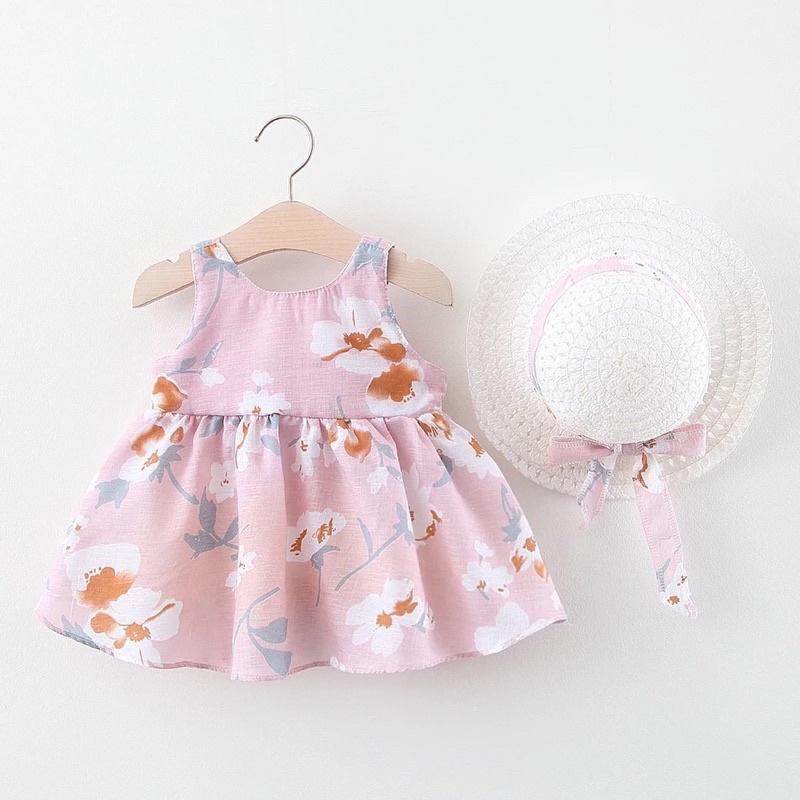 Set Dress Anak Perempuan Bahan Katun Import Premium Quality Free Topi Dress Anak Perempuan Pink Rok Terusan Anak Cewe Murah Dress Anak Santai dengan Topi