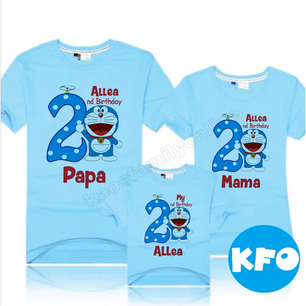 Baju Kaos Ulang Tahun Keluarga Doraemon Family Couple / Kaos Request FREE Nama Tulisan Custom / Kaos