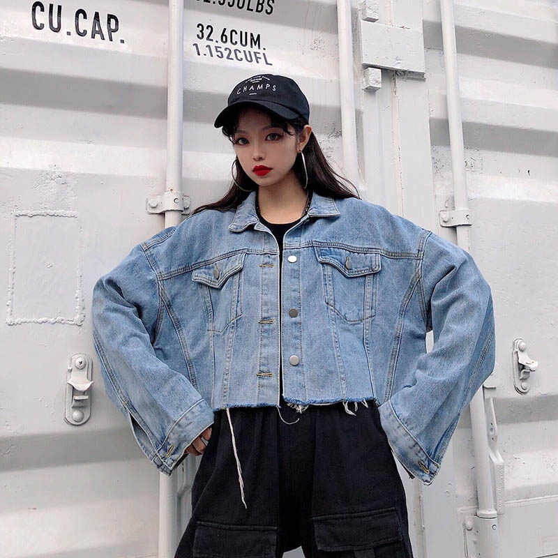 Jaket Jeans Denim Crop Oversize LD 100 - 140 cm I Jaket Sandwash Snow Acid Bianca I Cropped Denim Jacket | jaket jumbo | jaket korean oversize | jaket jeans oversize | jaket jumbo