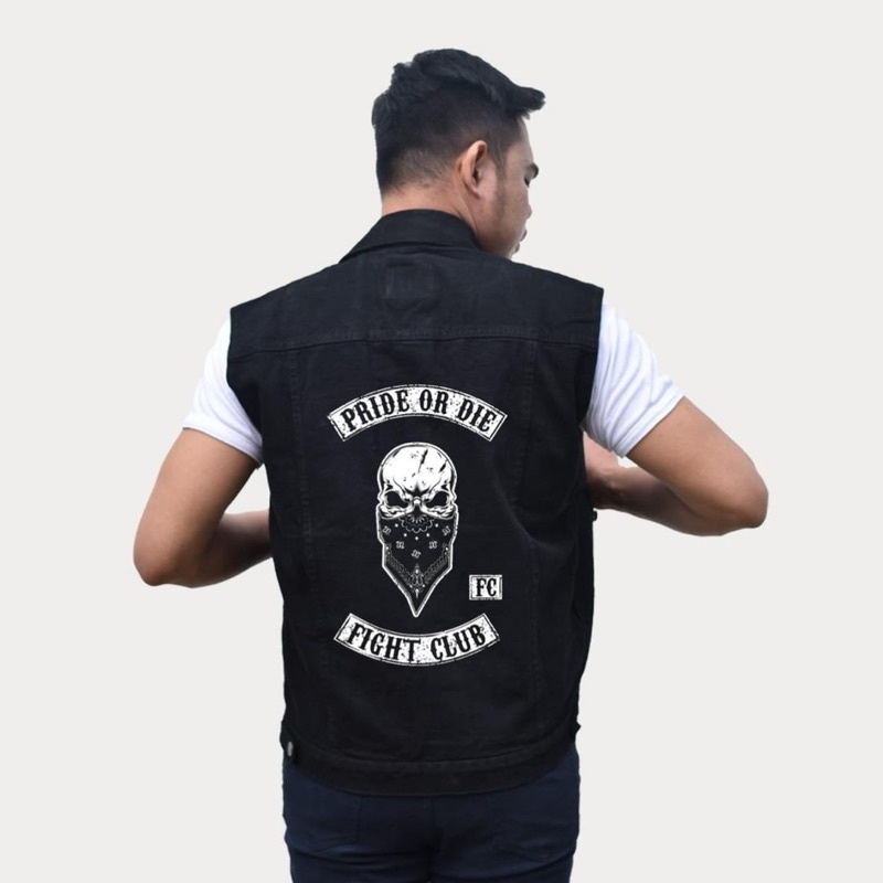 Rompi Jeans Hitam Motif Sablon / Rompi Motor Keren / Rompi Denim Cowo Best Seller