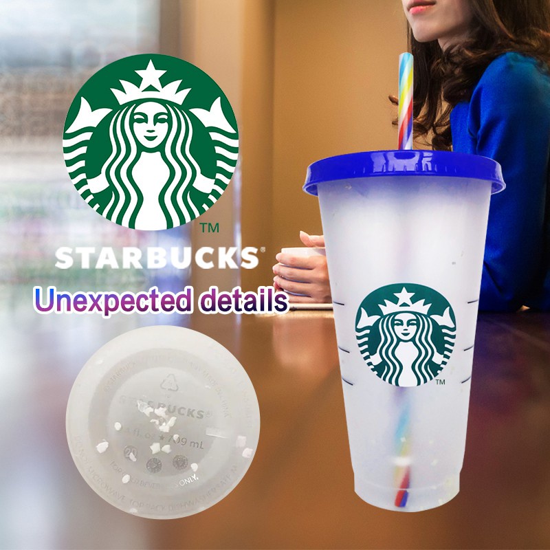 Starbucks Confetti Cup Reusable Color Changing Rainbow Cup Cold Cup with Straw