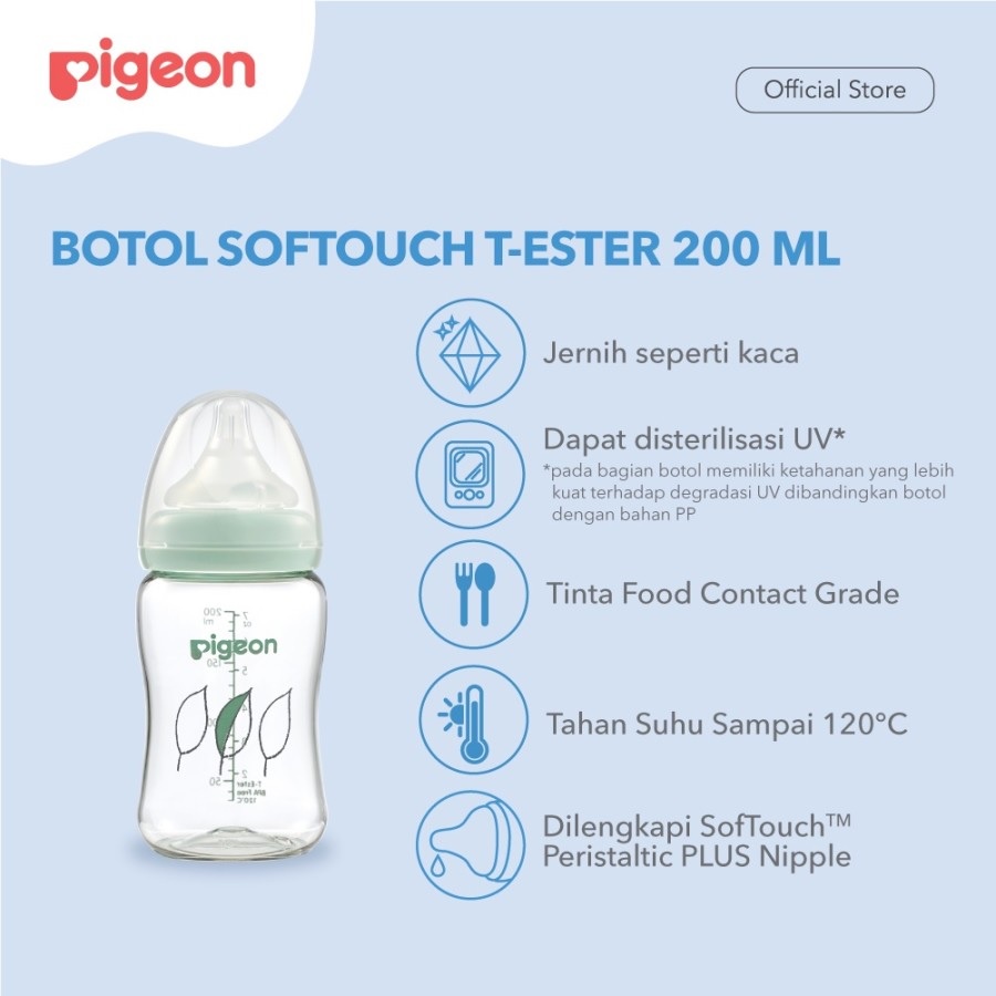 Pigeon T-Ester Wide Neck Bottle 200ml Botol Susu Premium Clear 0+ Bulan WHS