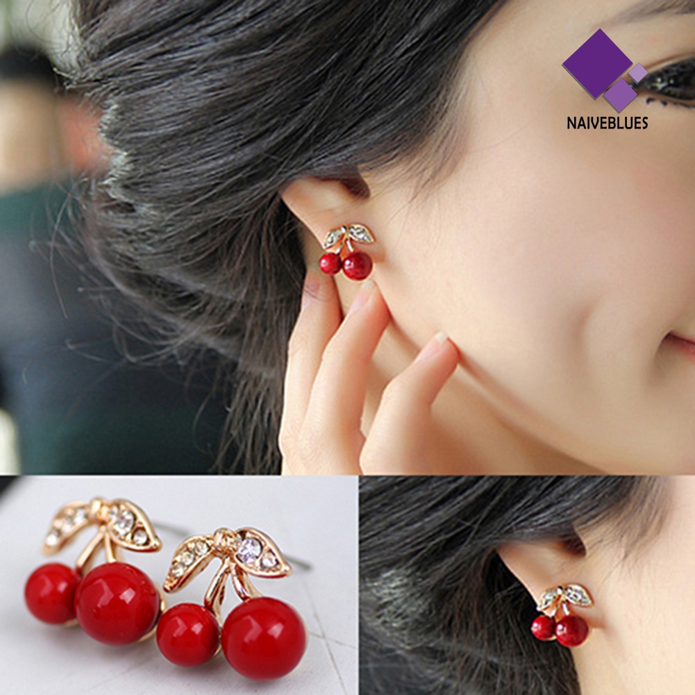 Anting Manik-Manik Ceri Merah Berlian Imitasi Bahan Alloy Warna Emas Untuk Wanita