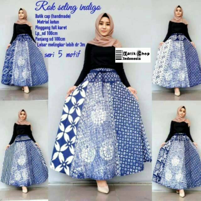 Rok Seling Cap Monokrom Batik Payung Klok Bawahan Kebaya Muslim Kondangan Casual Indigo Monochrome