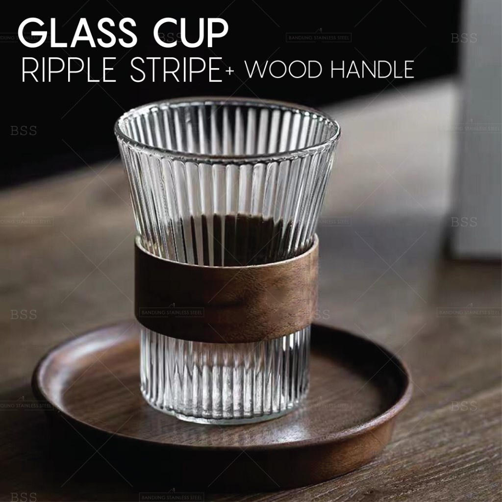 Gelas Kaca Rim Pegangan Kayu Aesthetic 330ml Kafe Ripple Tinggi Yo-Reum Juice Kopi Susu Korean Glass Classic