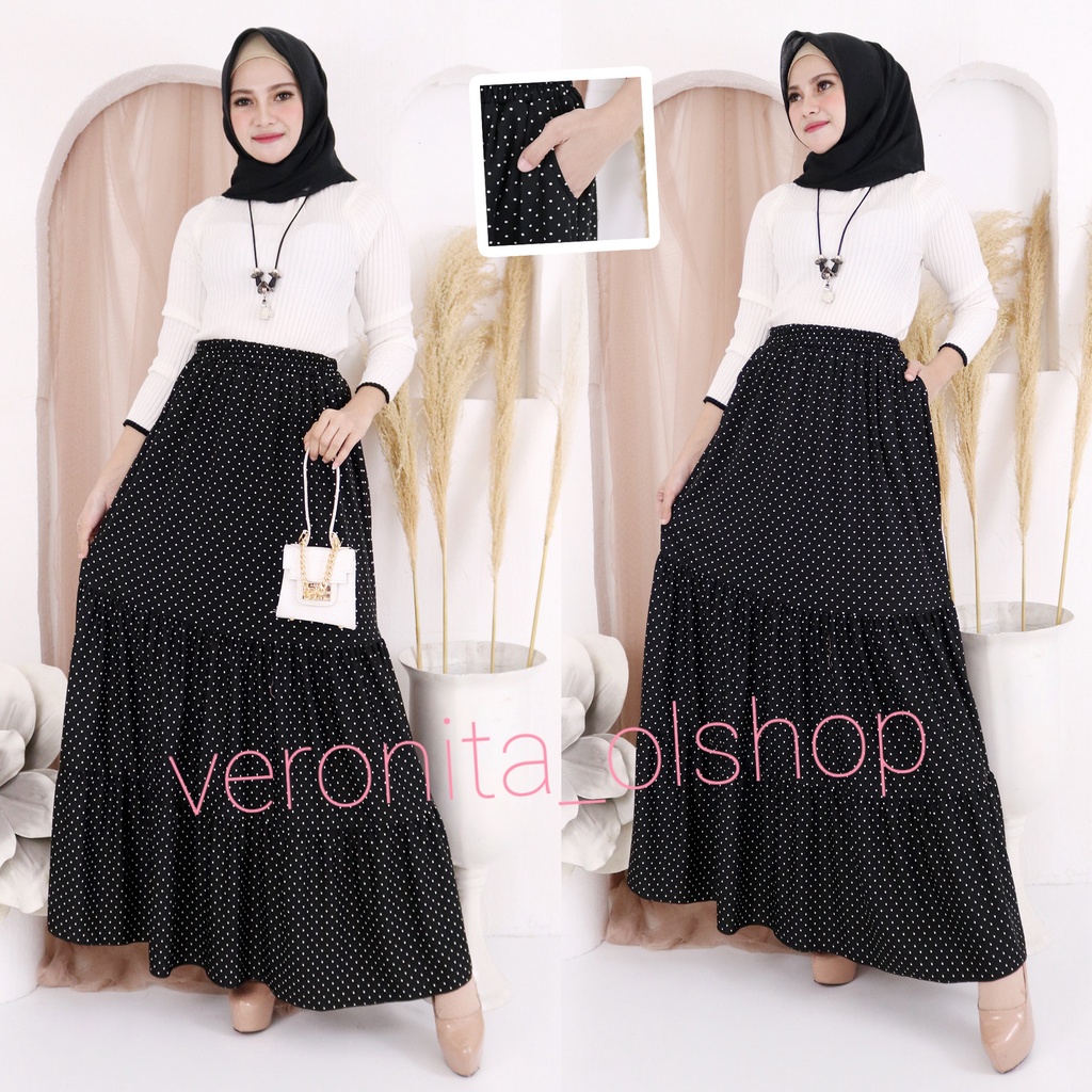 Veronita_olshop Rok panjang Corak/Motif Maxi skrit Rok muslim/Mayung/Ibu hamil Kerutan Kantong Susun 2 Bawahan Cewek Terbaru Termurah Terlaris