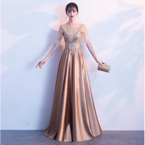Jual A Line Sequins Golden Cocktail Dress Satin Long Prom Party Dresses Evening Gown Formal Dress Women 1 | Shopee Indonesia