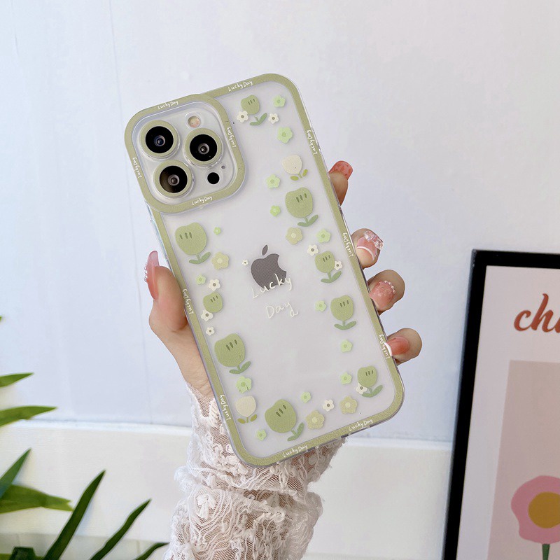 Green Little Flowers Soft Case iP iPhone 11 12 13 Pro Max 6 6S 7 8 + Plus X XR SE 2020 XS Max Casing