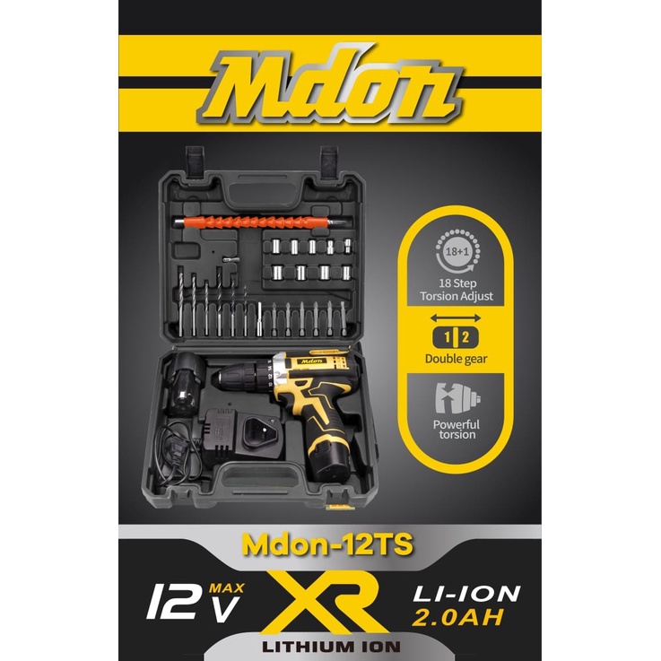 MDON 12TS Cordless Mesin Bor 2 Baterai 12V Besi Kayu Set Tidak Impact Jld 12 v