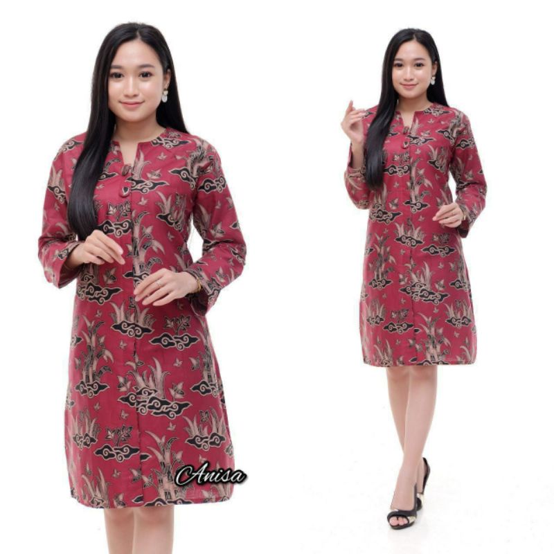 Riskymabatik || Batik Couple Batik Couple Modern Baju Batik Couple Batik Tunik Couple-T.kancingbambu marun