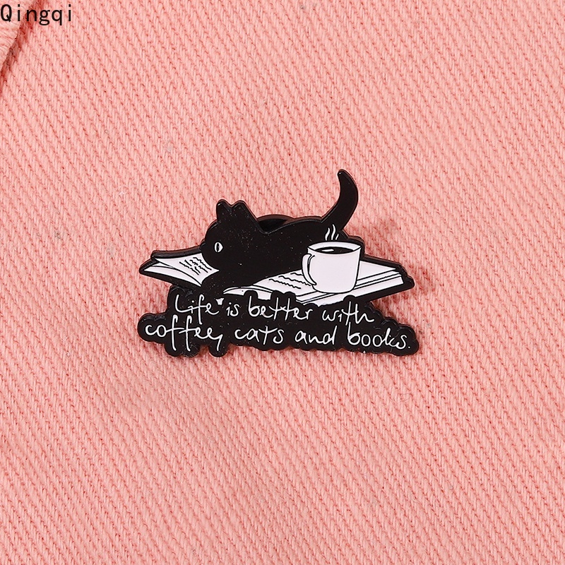 Bros Pin Enamel Bentuk Kartun Hewan Kucing / Buku / Kopi Bahan Metal Untuk Aksesoris Pakaian