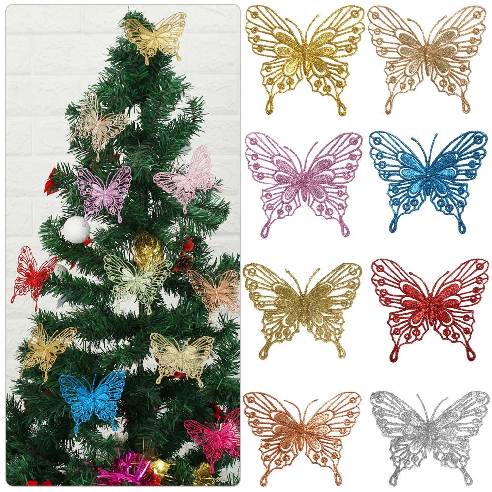 Hiasan Ornamen Natal Kupu-Kupu Glitter Hollow Butterfly Ornamen Natal Untuk Dekorasi Pohon Natal