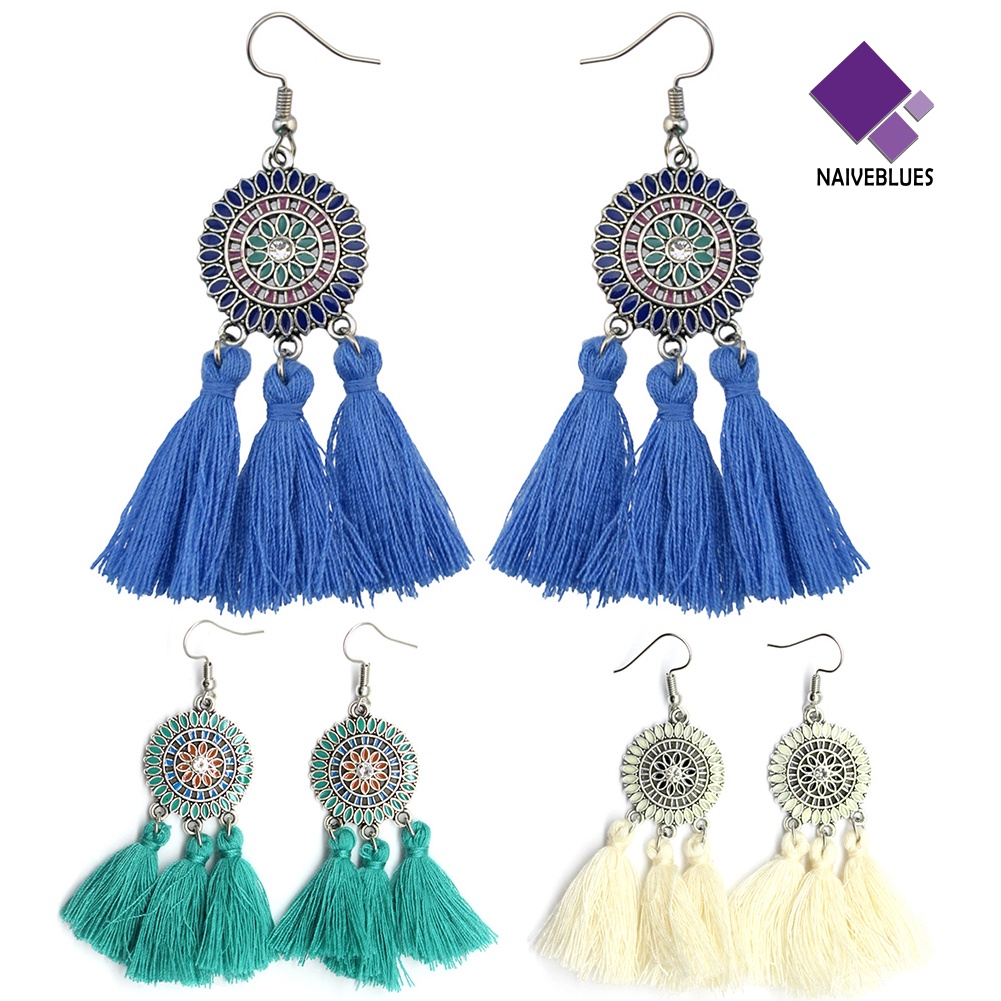 Naiveblue &gt; Anting Gantung Panjang Kait Gaya Boho Motif Bunga Matahari + Rumbai Untuk Perhiasan Wanita