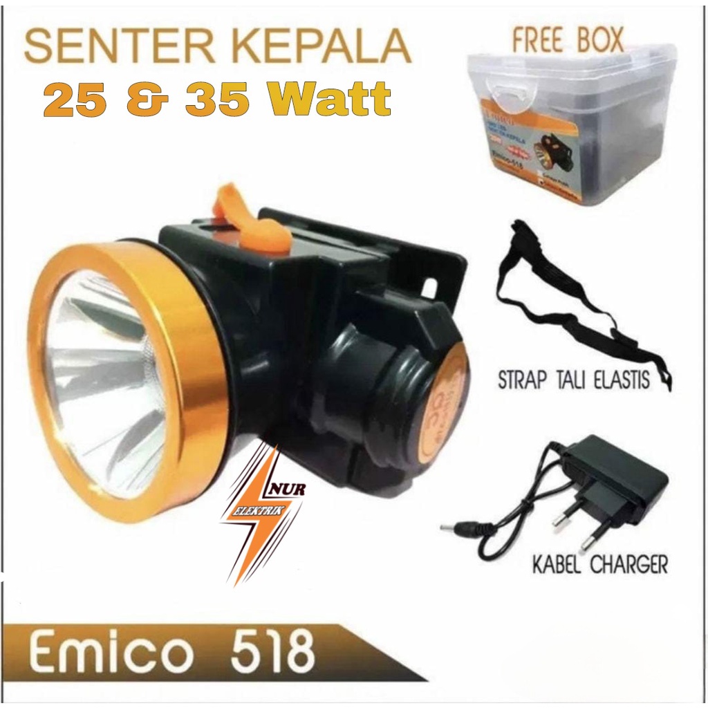 LAMPU SENTER KEPALA LED EMICO 25W 35W SNI ORIGINAL SNI PROMO SUPER TERANG FREE ADAPTOR CHARGER BOX T