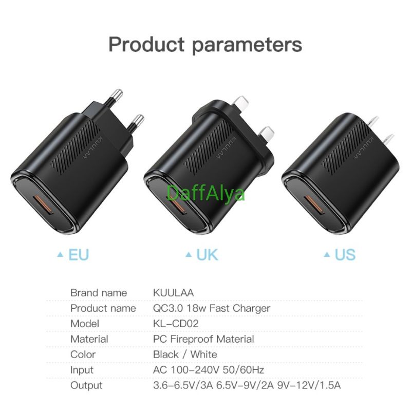 Kuulaa USB Charger 18W 3A Fast Charging Quick Charge QC PD 3.0