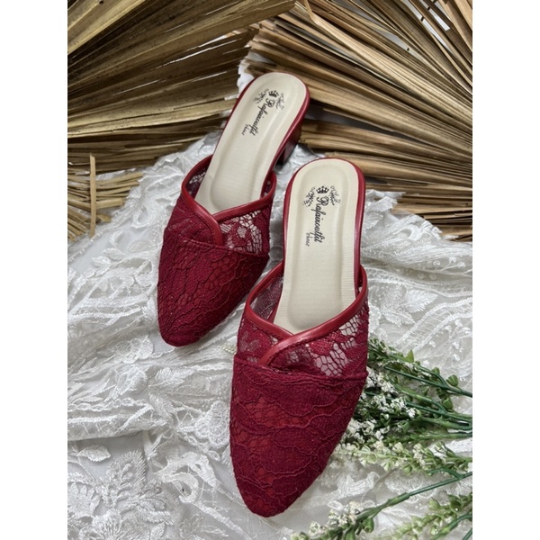 sepatu wanita merah marron cindy tanpa tali tinggi 3cm tahu