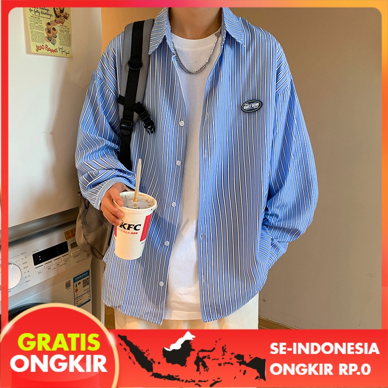 Kemeja Pria Bergaris Lengan Panjang Kemeja Kasual Tren Korea Mantel Casual