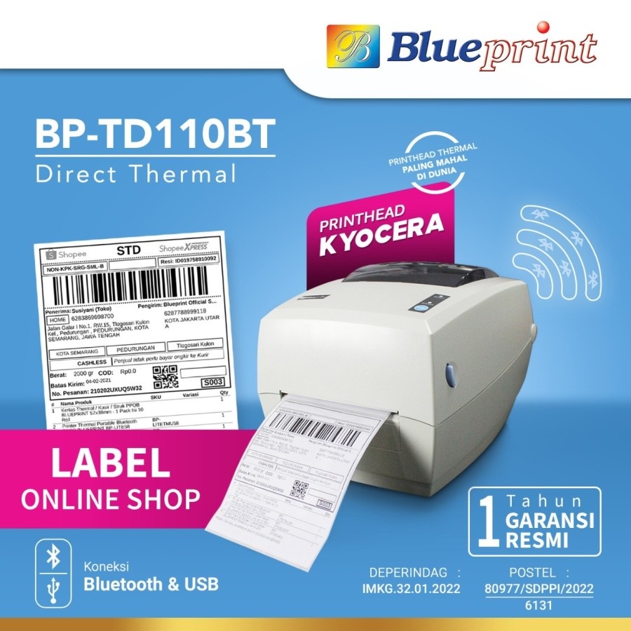 BLUEPRINT TD110BT Printer Thermal Label Resi A6 USB+Bluetooth