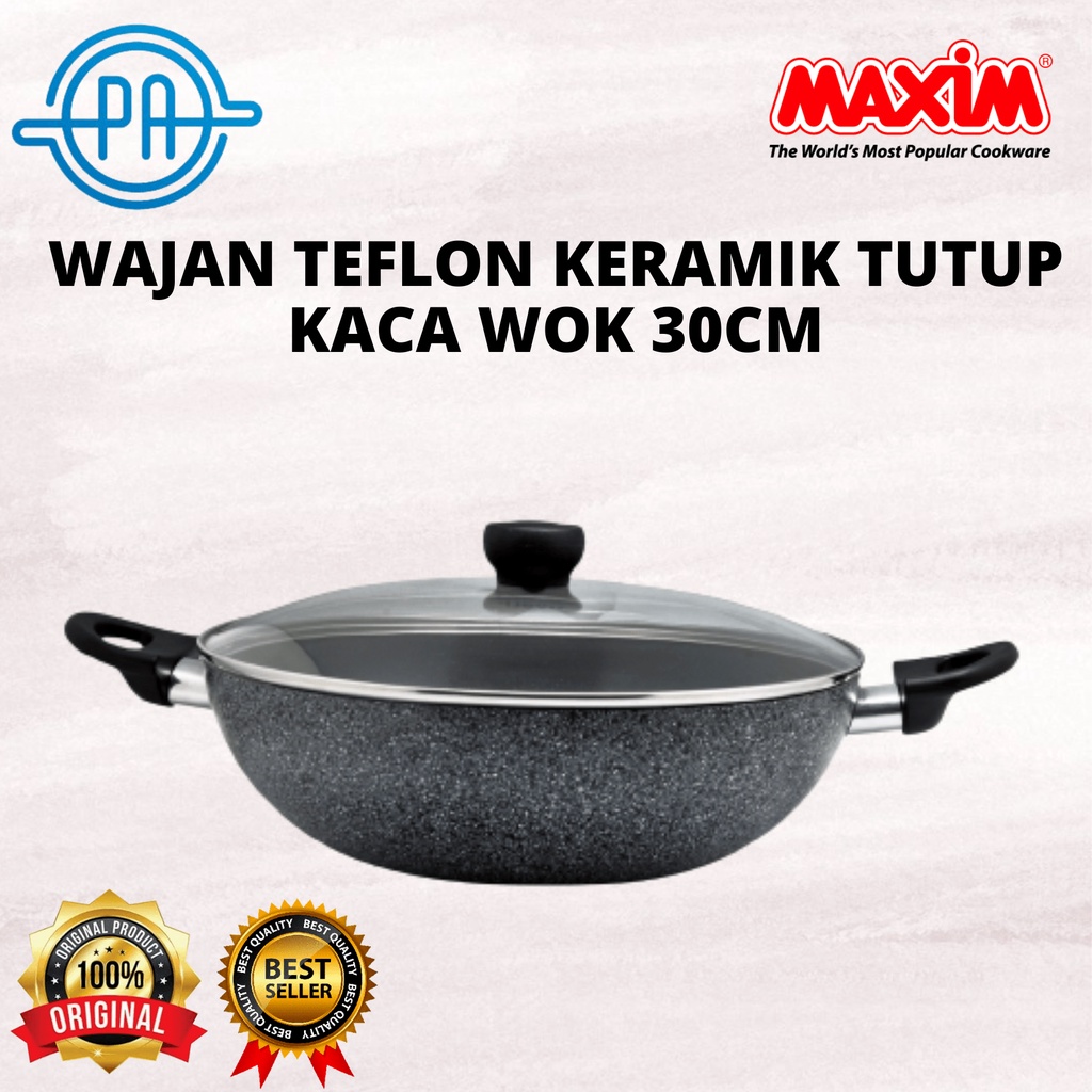 WAJAN MAXIM TEFLON KERAMIK NEOSTONE ANTI LENGKET TUTUP KACA WOK 30CM