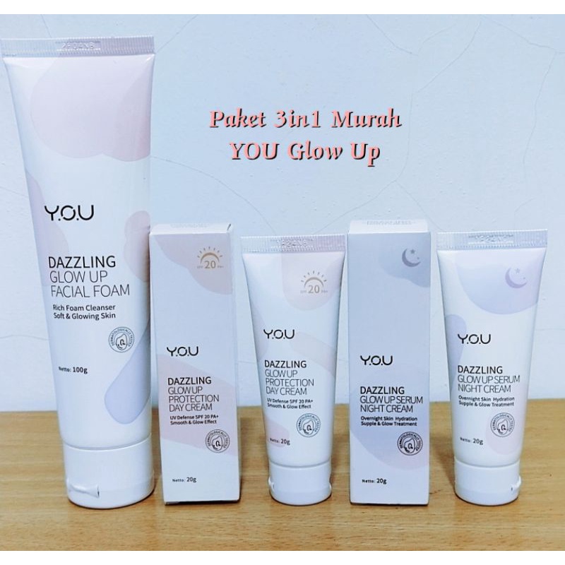 Paket 3in1 Murah You Glow Up Dazzling Facial Foam Day Night Cream Siang Malam Krim Wajah Glowing