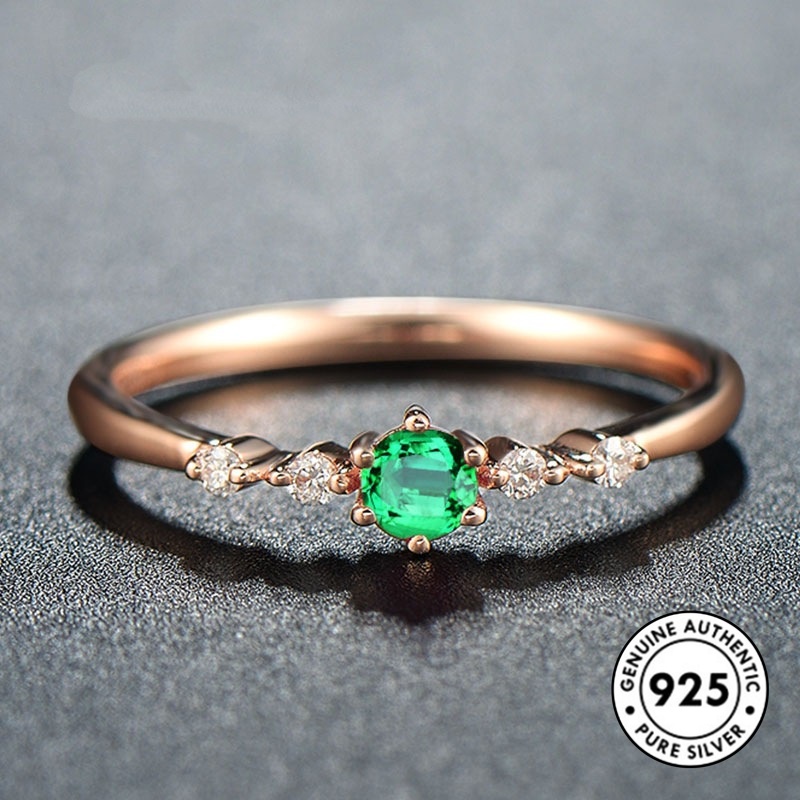 Cincin Sterling Silver 925 Simple Dengan Emerald Warna Rose Gold Untuk Wanita