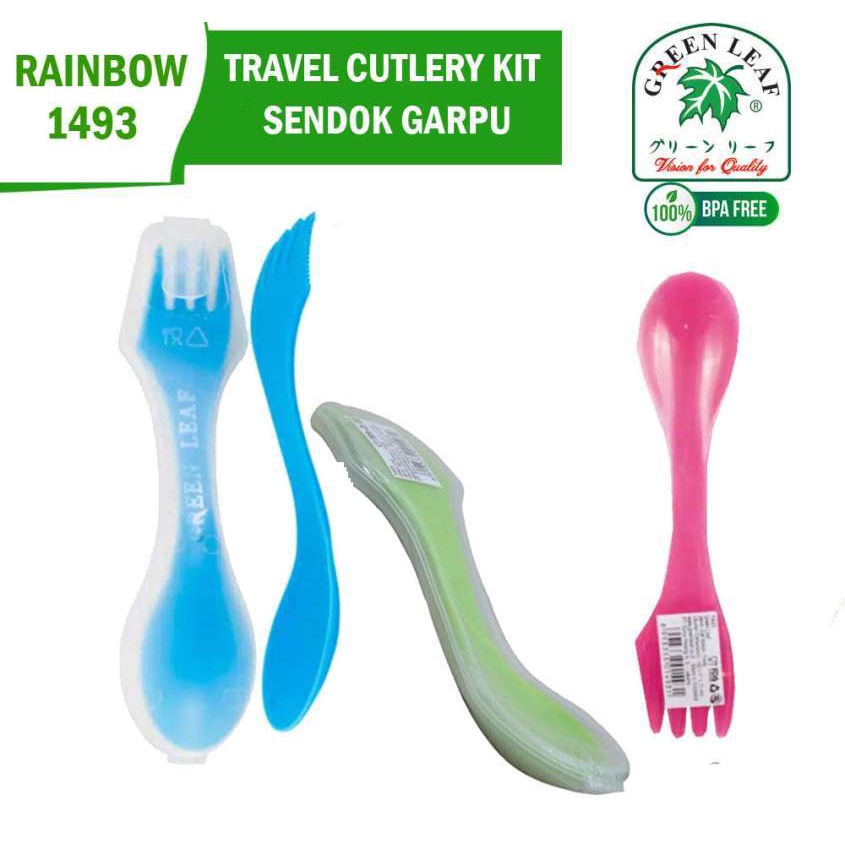 Green Leaf 1493 Sendok Garpu Set Travel Alat Makan Traveling Rainbow Cutlery Box Kotak Penyimpanan
