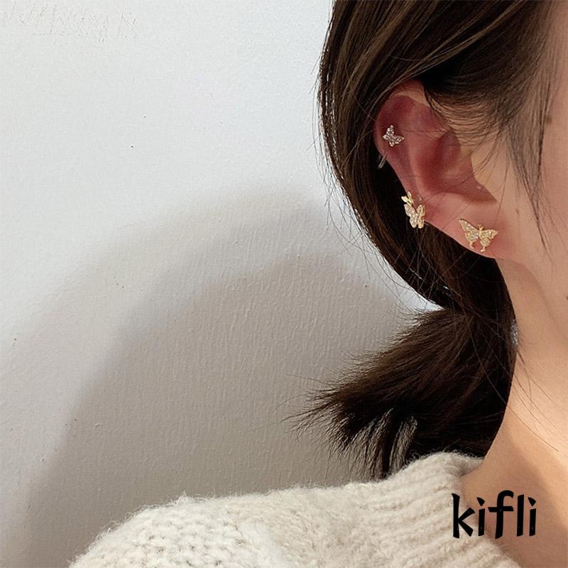 1 Pair Anting Tusuk,Dan Anting Klip Telinga,Desain Kupu Kecil Berlian,Fashion Aksesoris Wanita