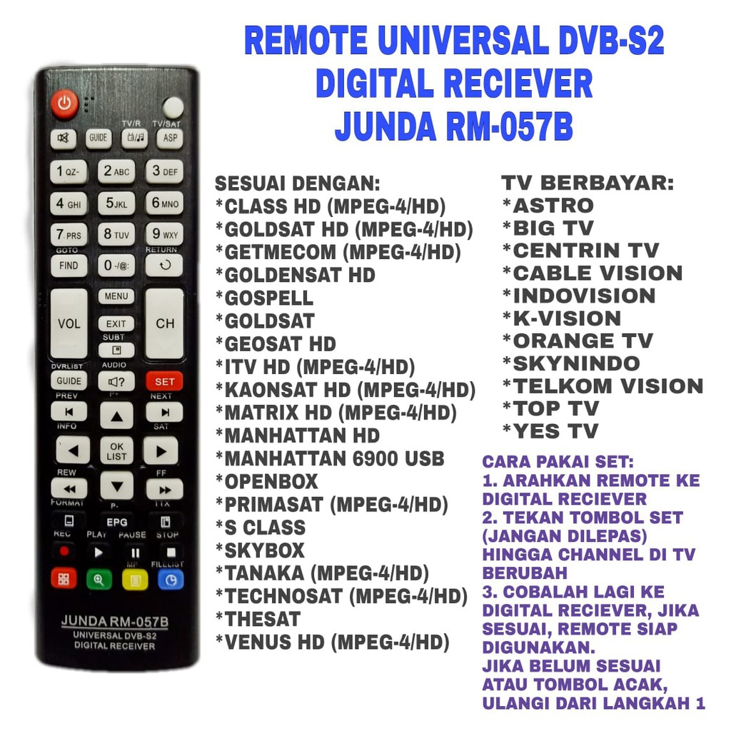 REMOTE MULTI UNIVERSAL PARABOLA DVB-S2 DIGITAL RECIEVER JUNDA RM 057B