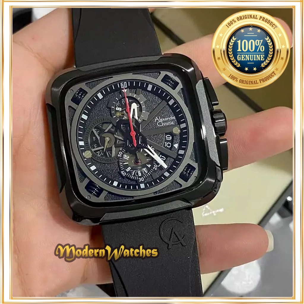 Jam Tangan Pria Terbaru Alexandre Christie AC 6577 Original Black Hitam Merah Black Karet Alexander 