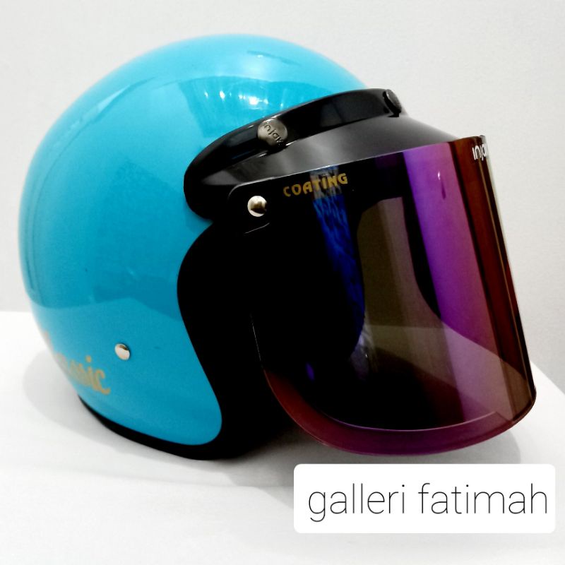 Helm bogo classic Ice Blue kaca helm flat cembung smoke bening pelangi silver gold pet panjang pet