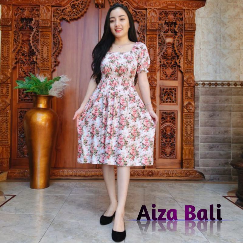 Dress Daster Sabrina Pendek Motif Bunga Mawar Lengan Pendek Rayon Super Premium Bali Terbaru Kekinia