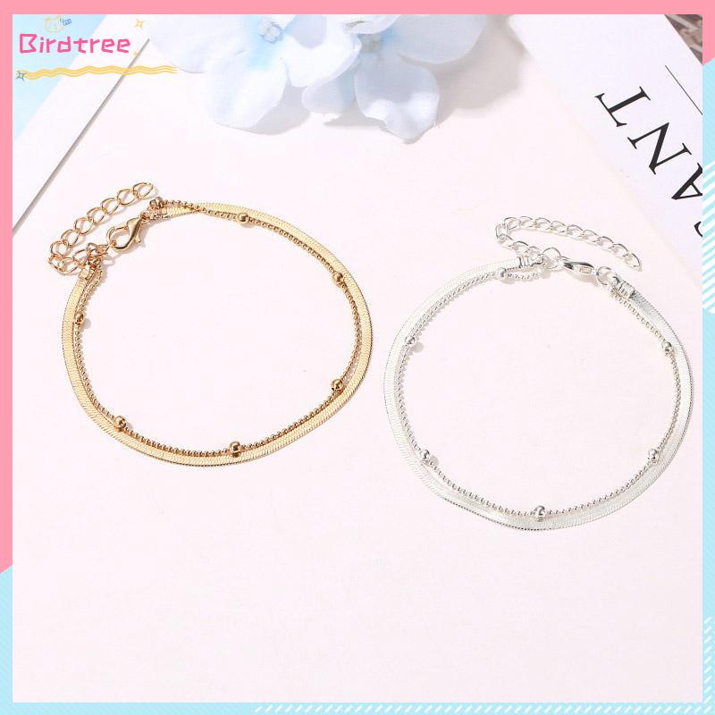 [Readystock❤️COD]Gelang Kaki Wanita Sederhana Lapisan Ganda Manik Bulat Rantai Tulang Ular Alas Kaki Fashion Gelang Kaki- BS