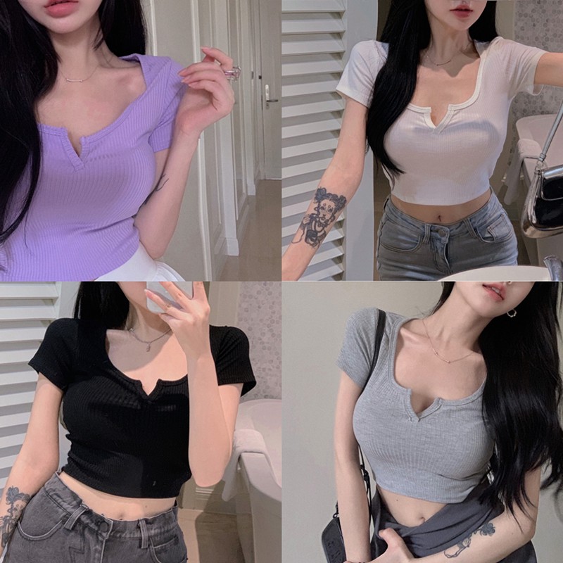 Baru Seksi Off Bahu Tipis Pendek-Lengan untuk Wanita Retro Square Collar Slim FitTT-shirt Bottoming