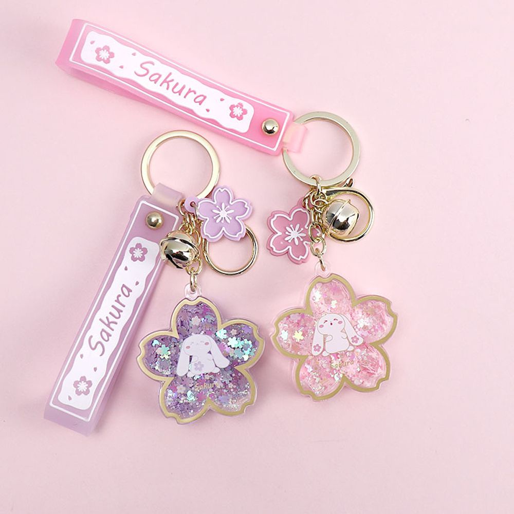 QUINTON Cute Sakura Quicksand Keychain Gift Keyring Liquid Sequins Car Key Ring Trinket Jewelry Cartoon Bunny Acrylic Key Chain Pendant/Multicolor