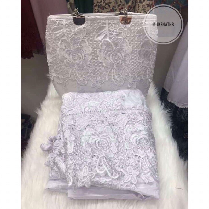 Mukena Prada Renda Mawar Tas behel (putih)