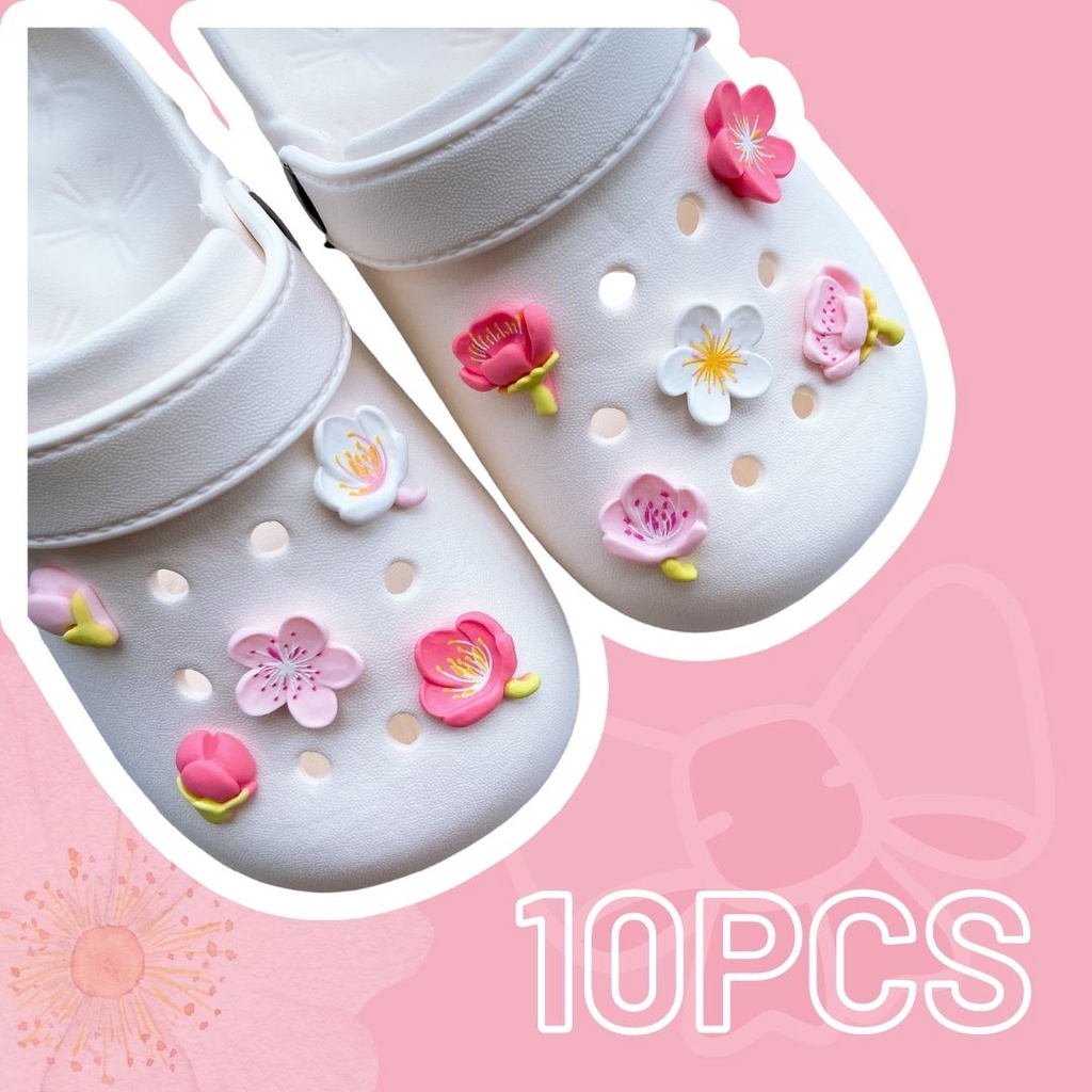 10pcs Charms Sandal Crocs Jibz Untuk Aksesoris Sepatu Wanita#Bunga sakura Tricolor