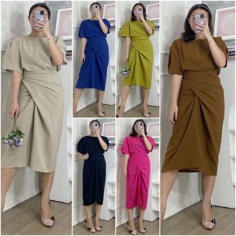 ♡ PREMIUM ♡ REAL PIC ! GILLIANE 2 IN 1 SET BLOUSE WITH ADJUSTABLE TIED MIDI SKIRT/ SETELAN ATASAN &amp; ROK LILIT