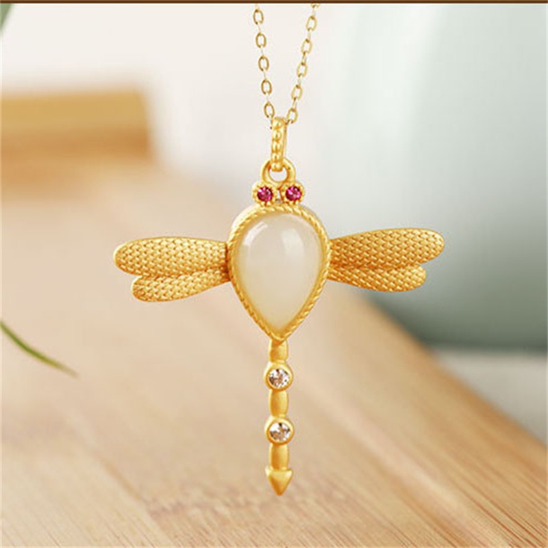 [Ready Stock]Elegant Inlaid Hetian Jade Dragonfly Necklace Chinese Style Retro