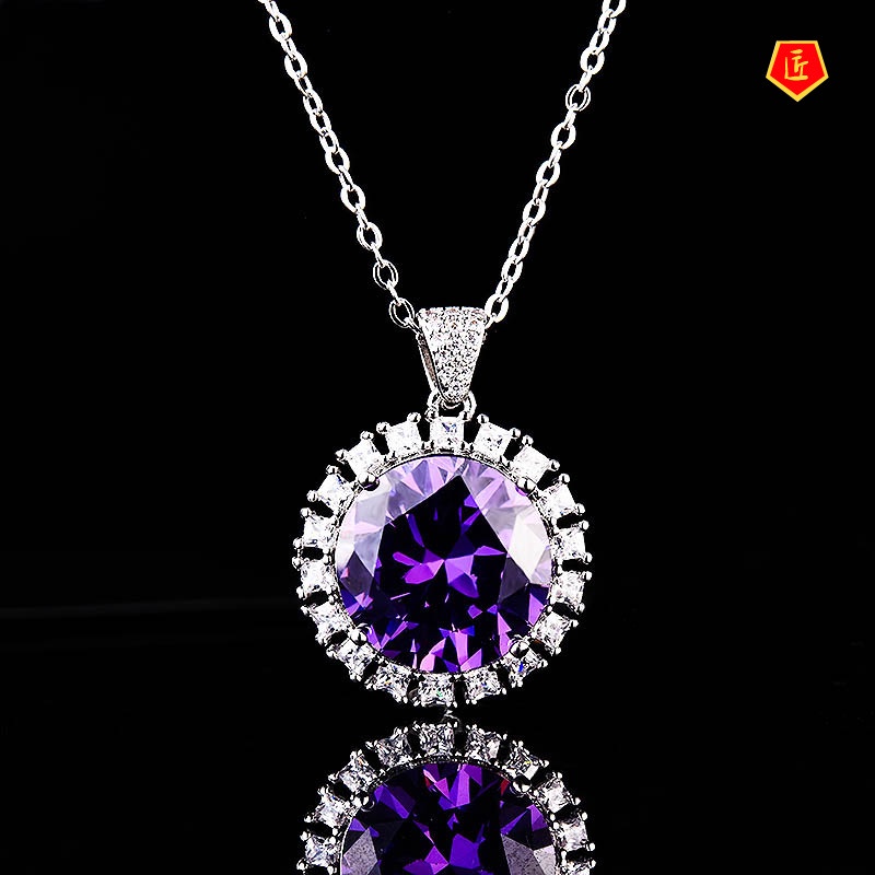 [Ready Stock]10 Karat Shiny Diamond Pendant Luxury Colorful Gemstone Necklace for Women