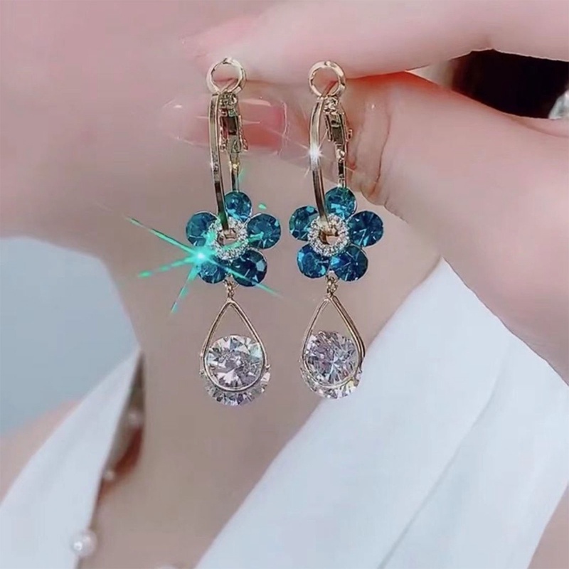 Fancyqube Anting Menjuntai Desain Bunga Aster Hias Kristal Zircon Biru Gaya Korea Untuk Wanita